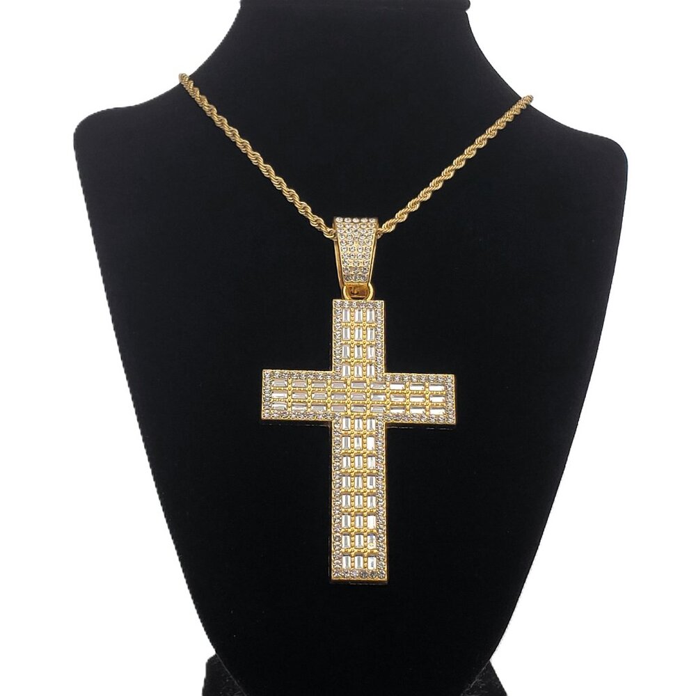 14K Gold Mens 24" Rope Chain 2ct Diamond Cross Necklace Guys Christian Jewelry